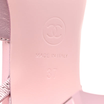 Chanel Laminated Lambskin Patent Cap Toe CC Slingback Pumps 37 Light Pink Black 9 of 10