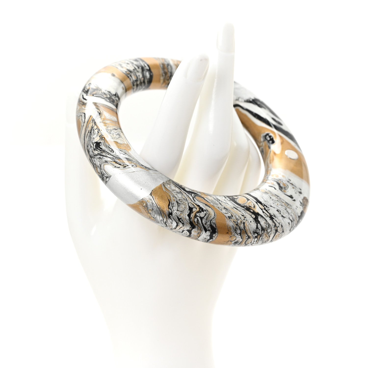Hermes Lacquered Wood GM Stellair Bangle Bracelet T3 Silver Gold Black 2 of 6