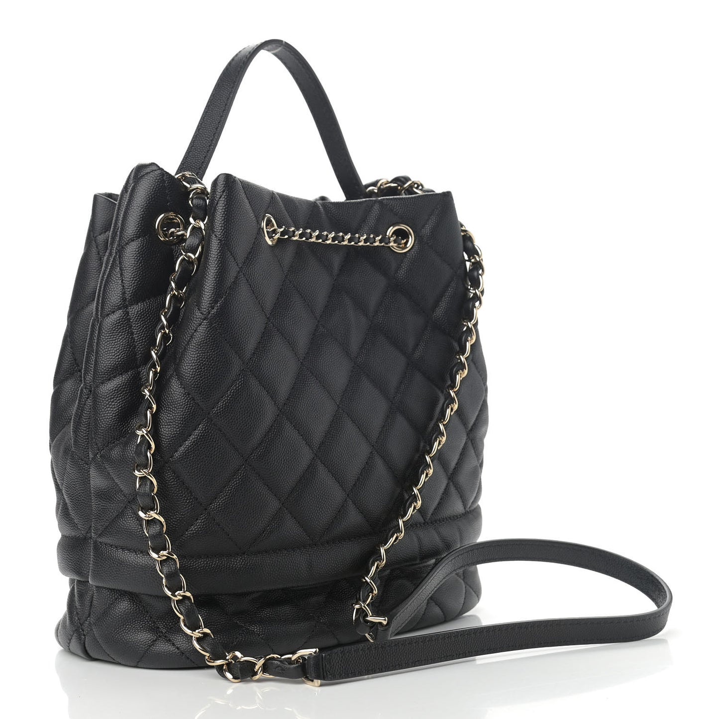 Caviar Quilted Large Rolled Up Bucket Drawstring Bag Black