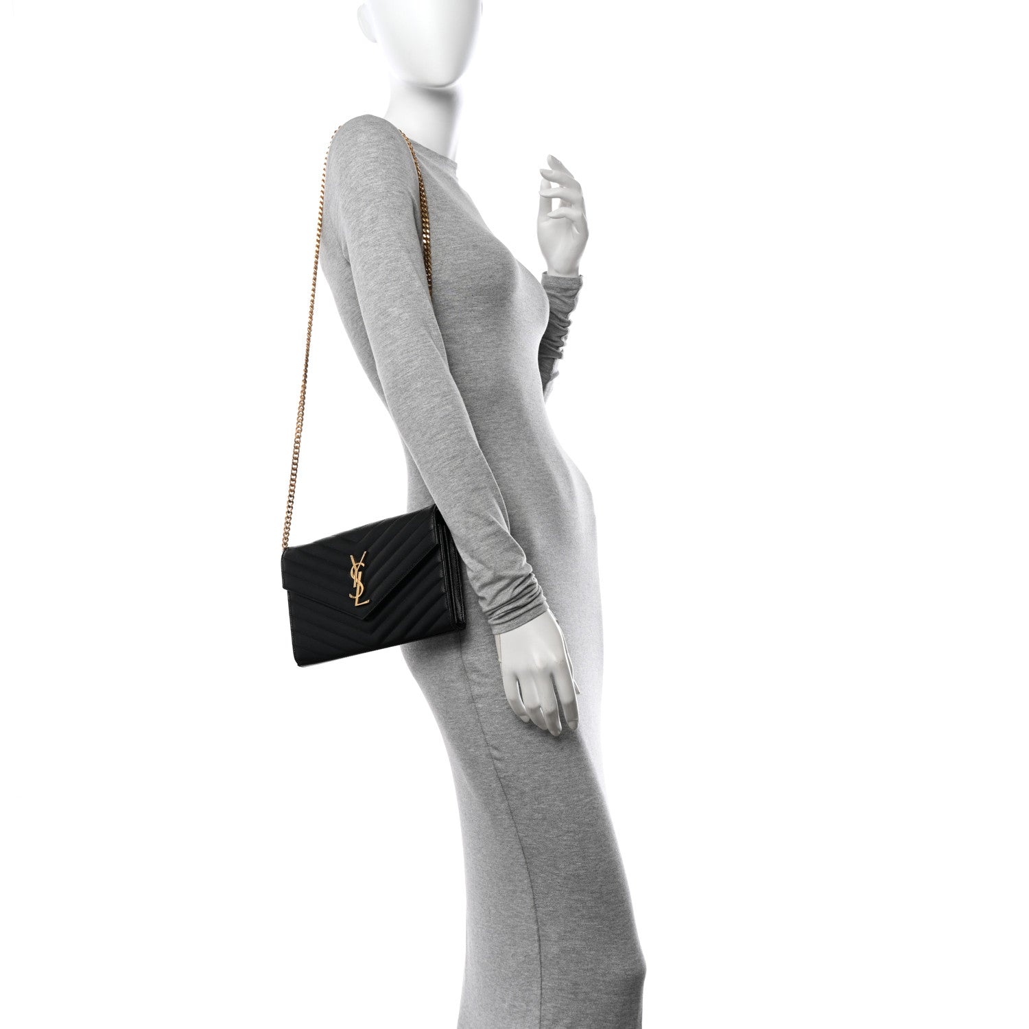 Saint Laurent Grain De Poudre Matelasse Chevron Monogram Chain Wallet Black 2 of 10