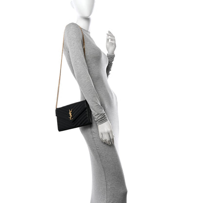 Saint Laurent Grain De Poudre Matelasse Chevron Monogram Chain Wallet Black 2 of 10