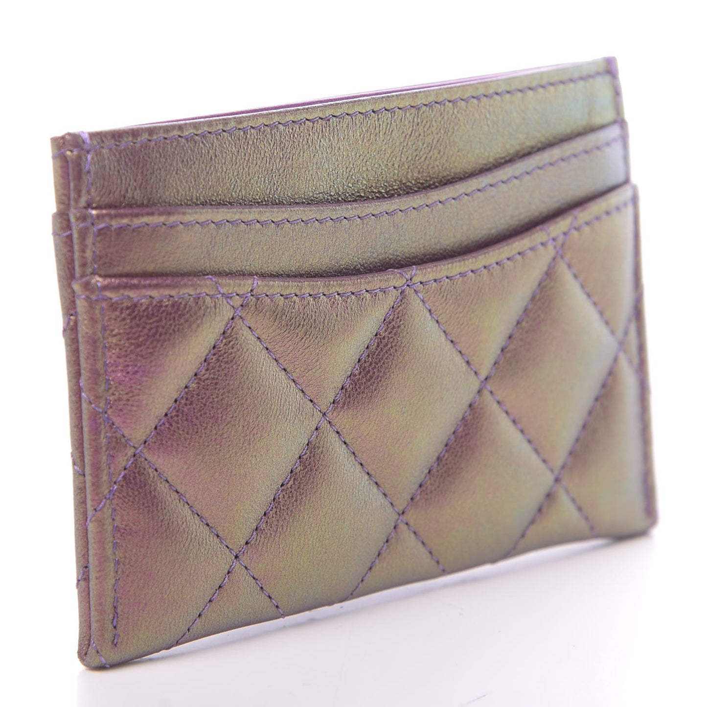 Iridescent Lambskin Quilted Card Holder Purple