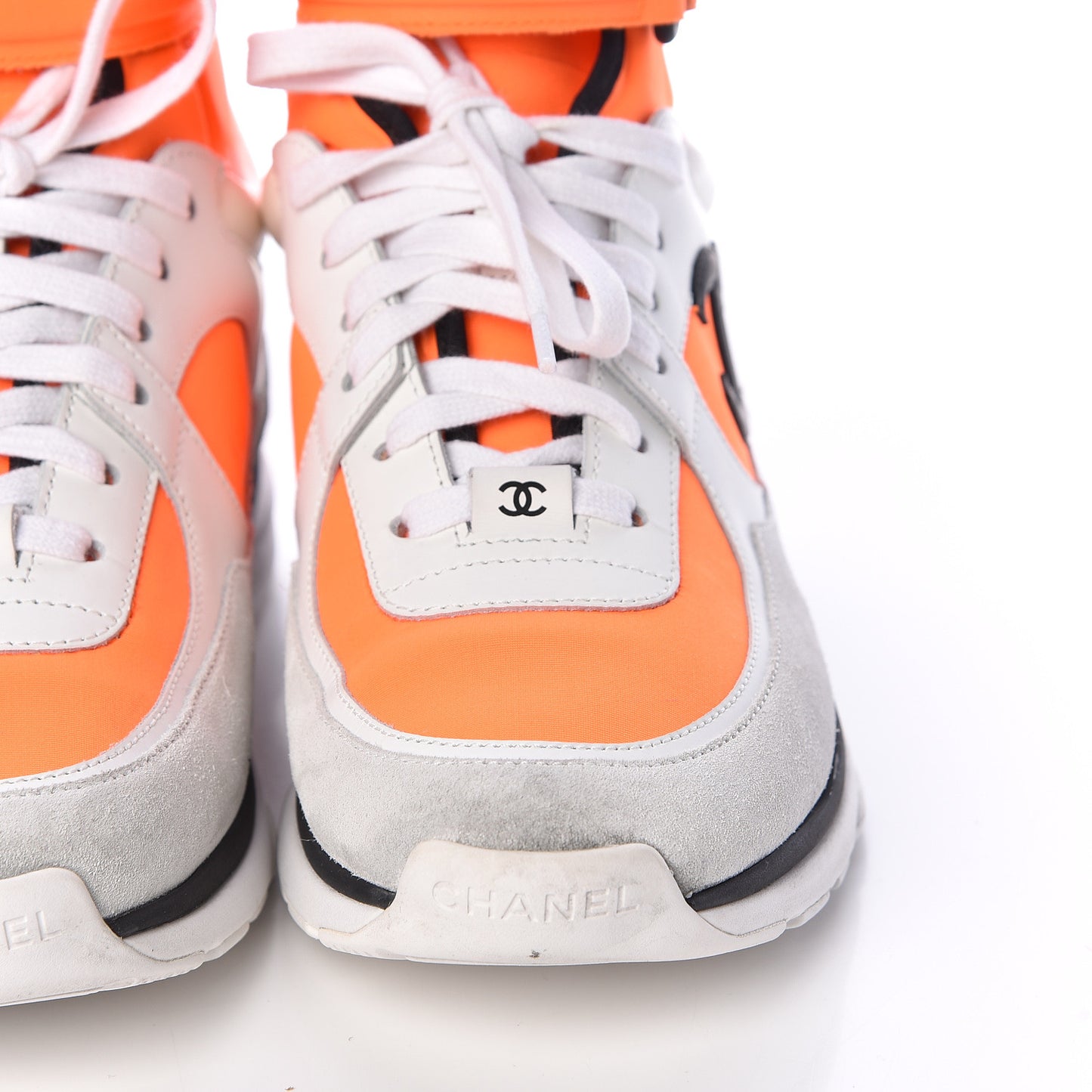 Suede Calfskin Lambskin Neoprene High Top CC Sneakers 37.5 White Fluo Orange