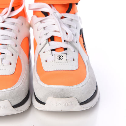Chanel Suede Calfskin Lambskin Neoprene High Top CC Sneakers 37.5 White Fluo Orange 10 of 15