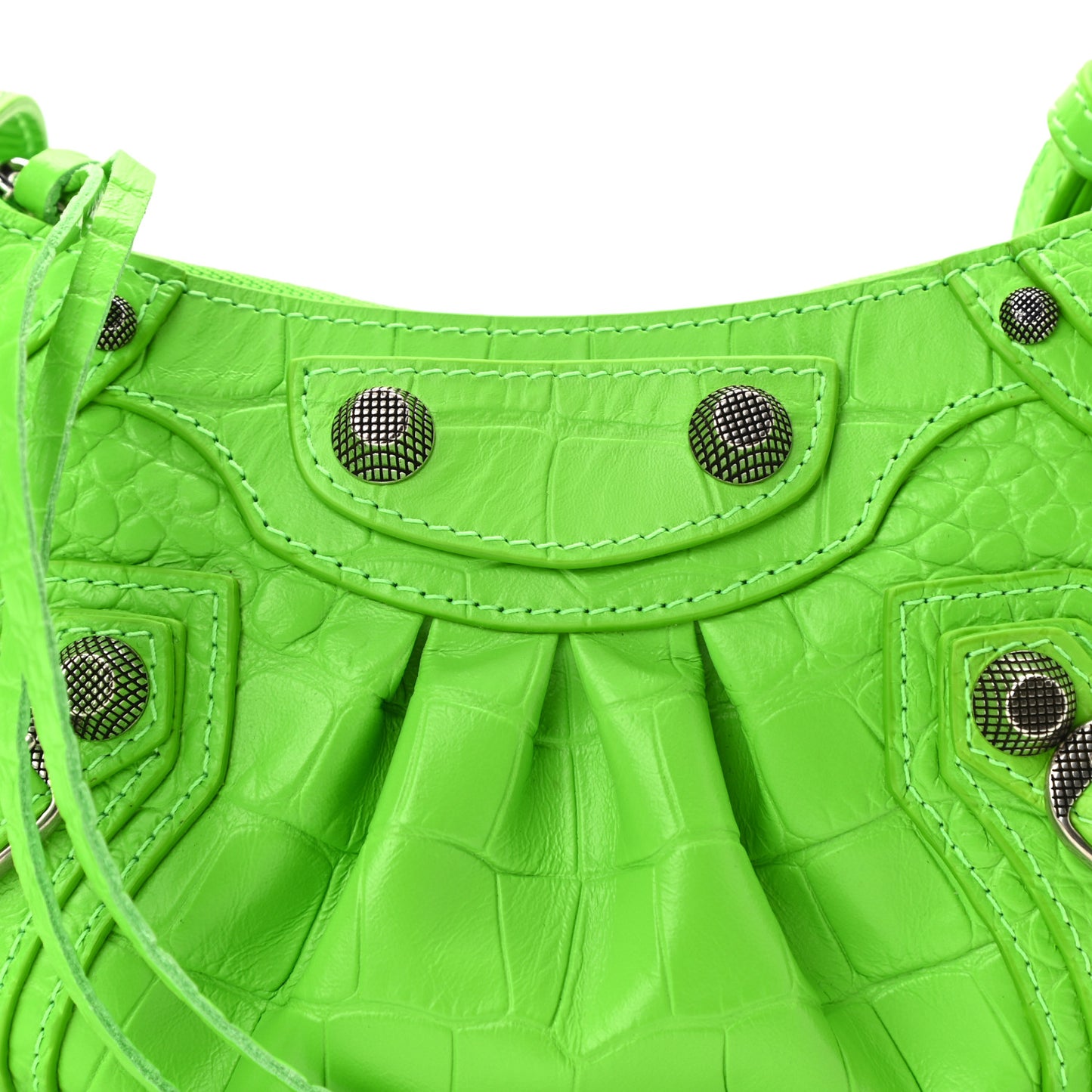 Extra Supple Calfskin Crocodile Embossed Le Cagole Mini Purse With Chain Acid Green