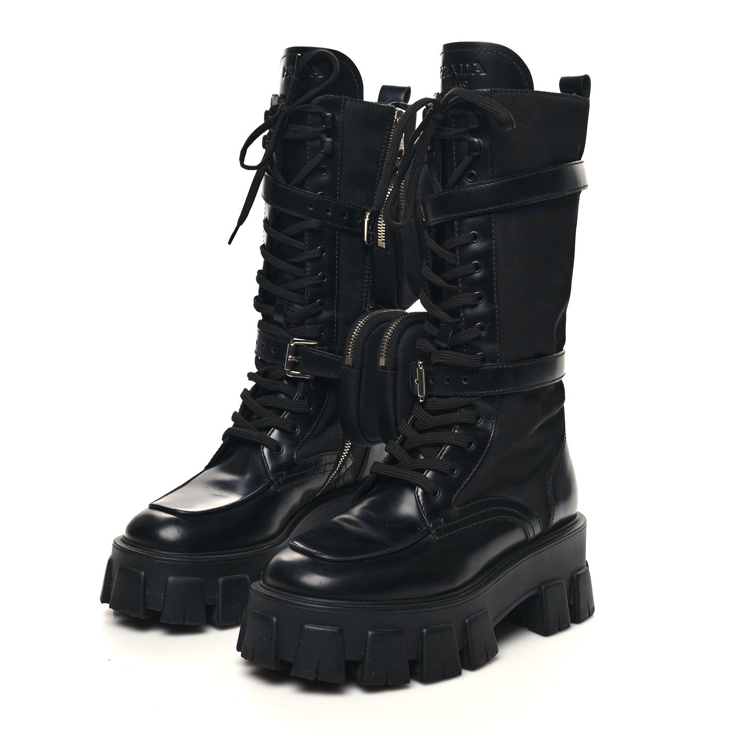 Prada Spazzolato Rois Re-Nylon Metal Triangle Logo Monolith Pouch Pocket 55mm Tall Combat Boots 36 Black 3 of 10
