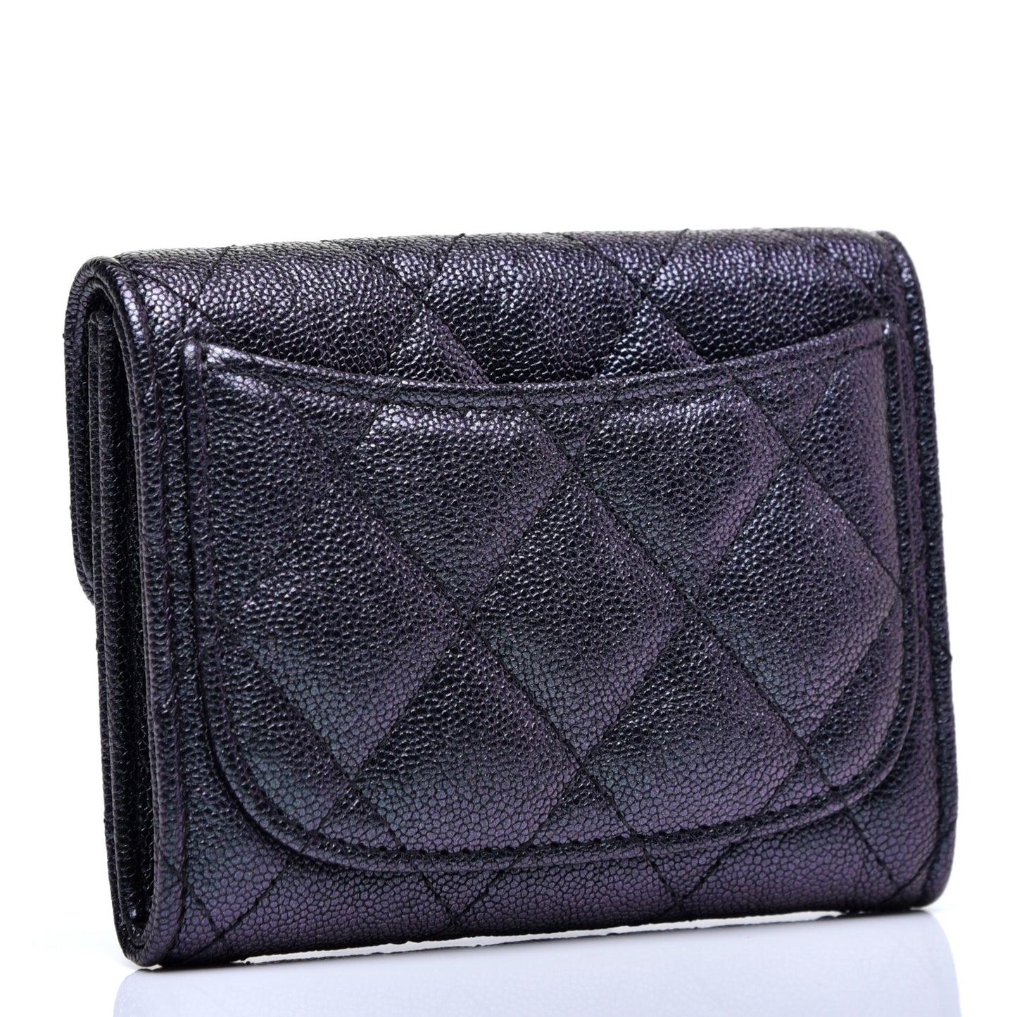 Iridescent Caviar Quilted Flap Card Holder Wallet Black