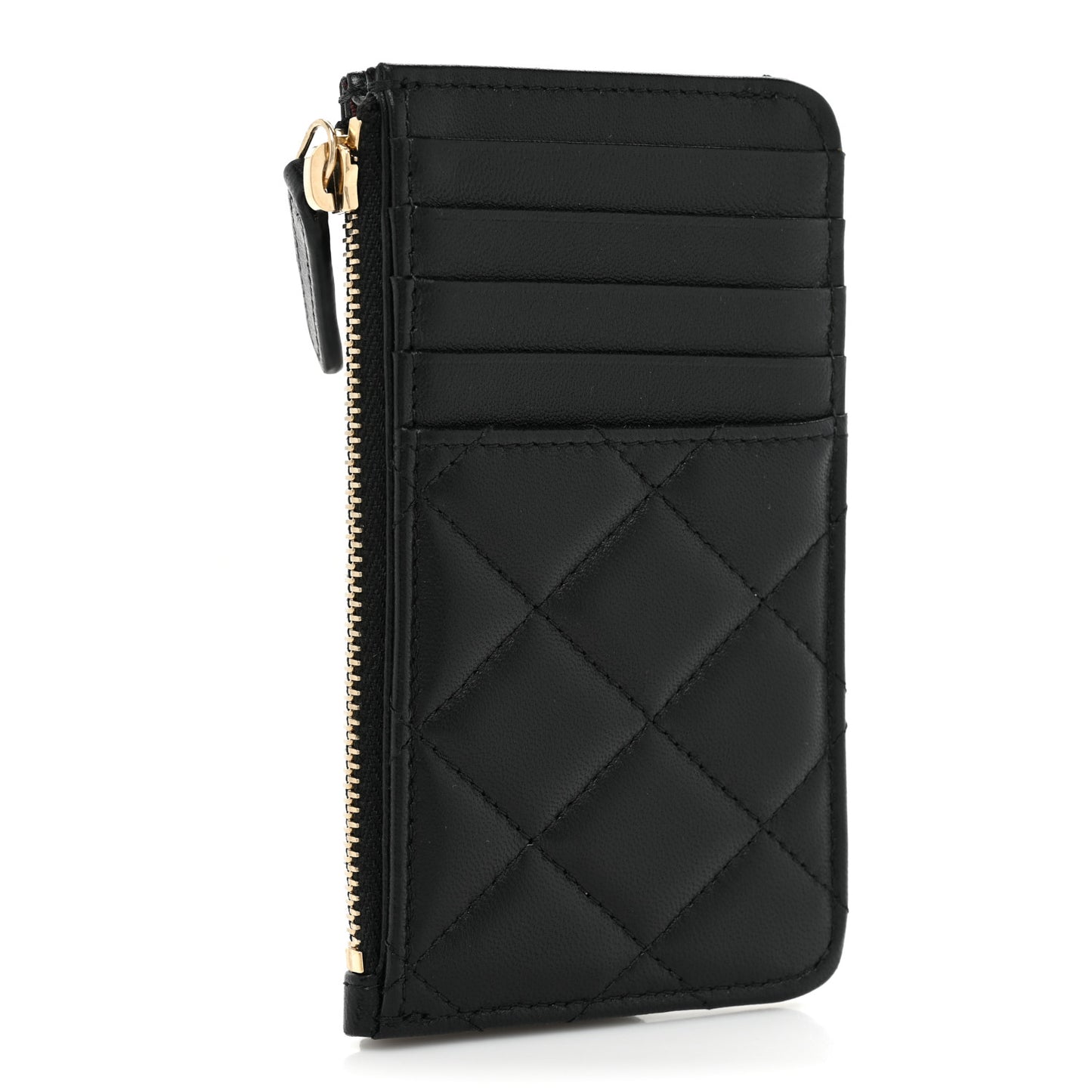 Lambskin Quilted Flap Zip Card Holder Black