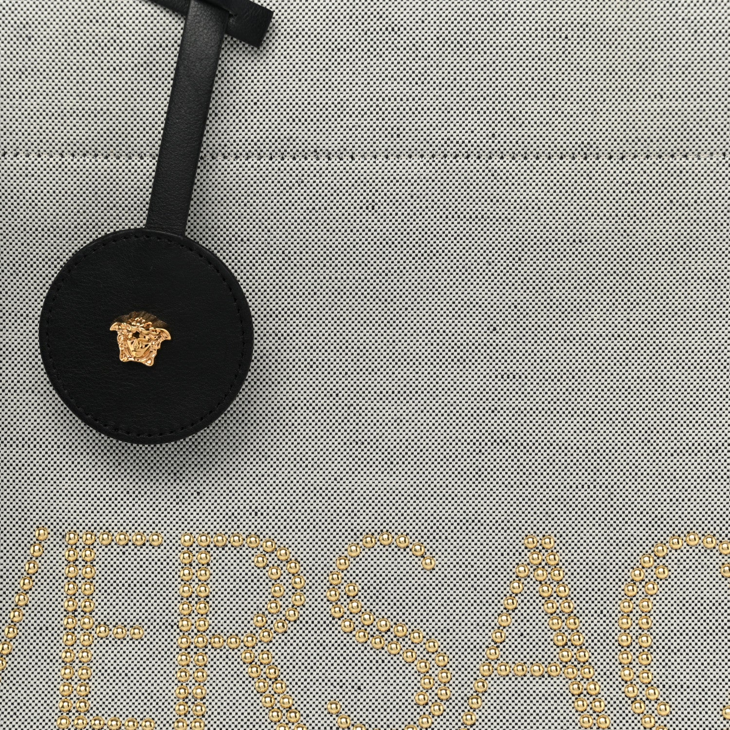 Versace Canvas Calfskin Studded Large Logo Tote Bag Ecru Black 12 of 13