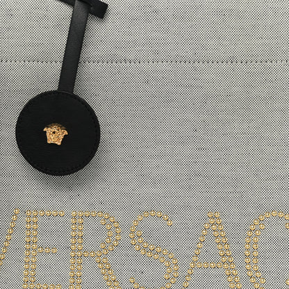 Versace Canvas Calfskin Studded Large Logo Tote Bag Ecru Black 12 of 13
