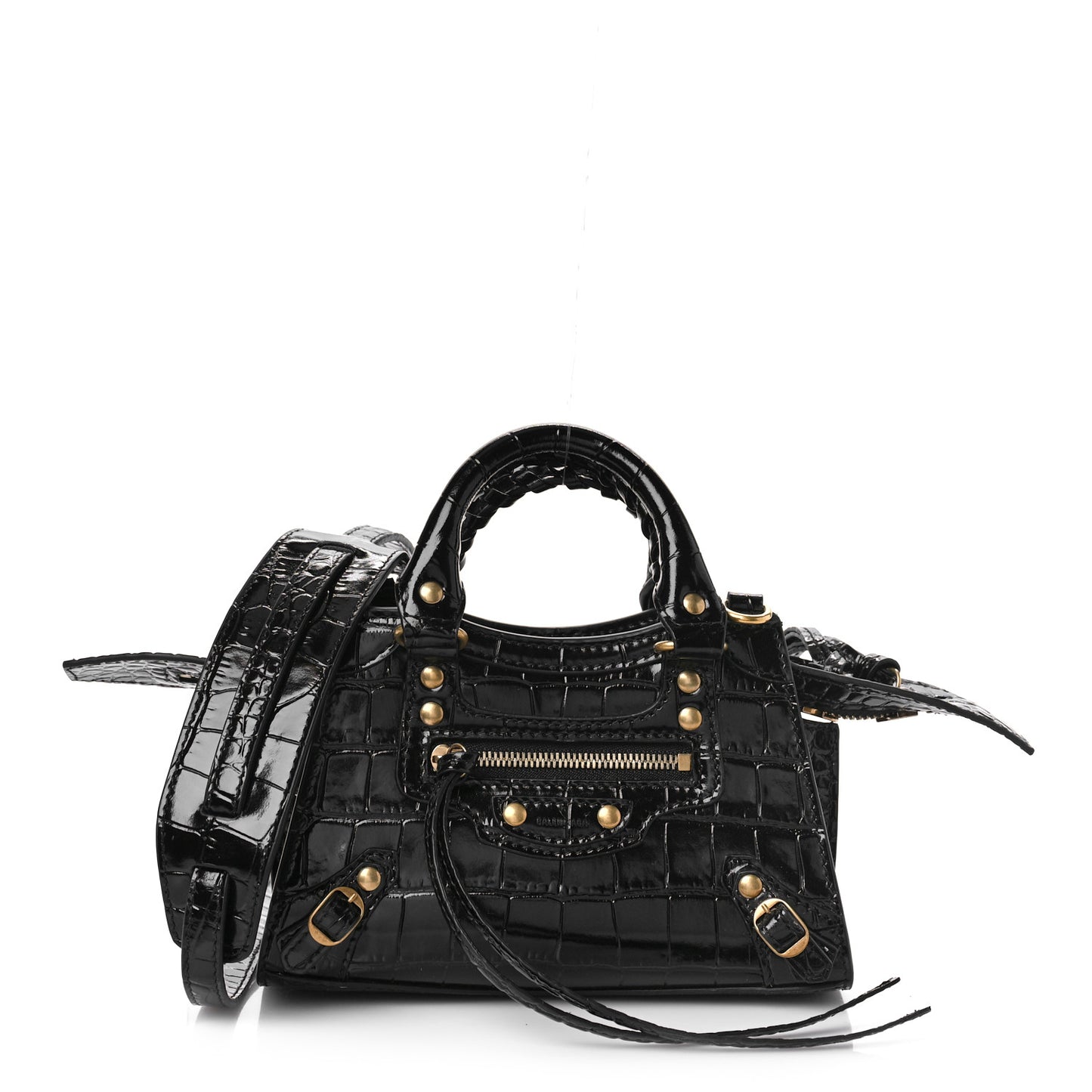 Shiny Supple Calfskin Crocodile Embossed Neo Classic Gold Hardware Nano City Crossbody Black