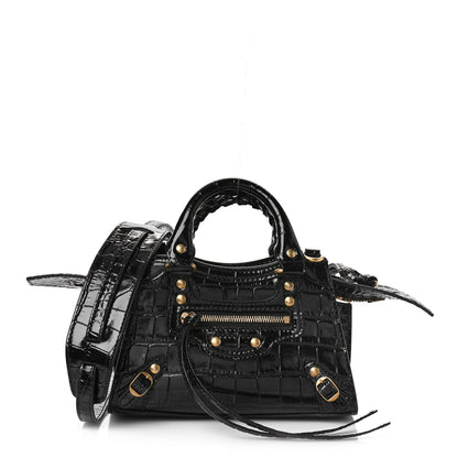 Balenciaga Shiny Supple Calfskin Crocodile Embossed Neo Classic Gold Hardware Nano City Crossbody Black 1 of 7