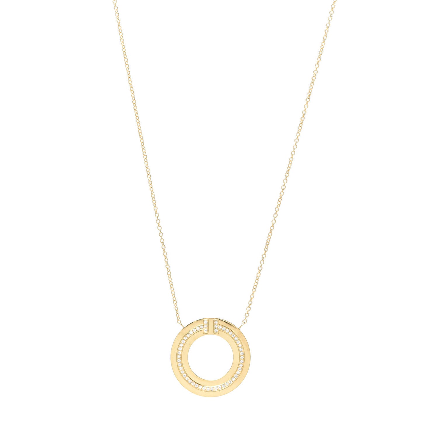 18K Yellow Gold Diamond T Circle Pendant Necklace