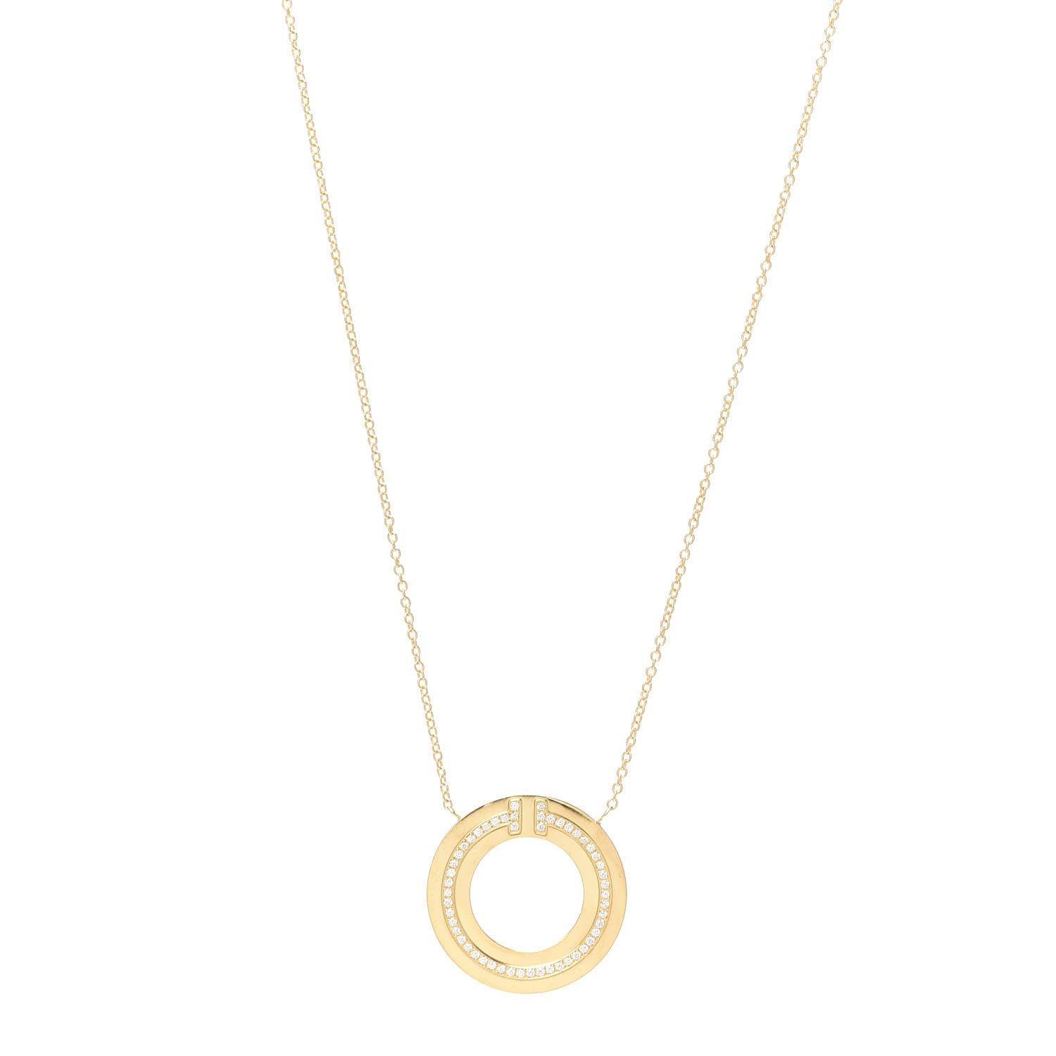 Tiffany 18K Yellow Gold Diamond T Circle Pendant Necklace 1 of 6