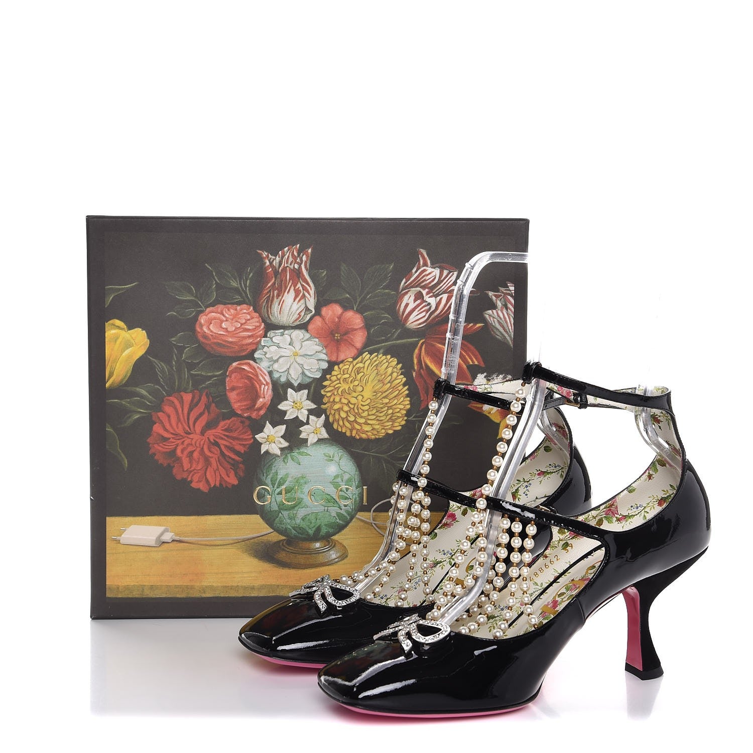 Gucci Patent Pearl Taide T-Strap Mid Heel Pumps 39 Black 8 of 8
