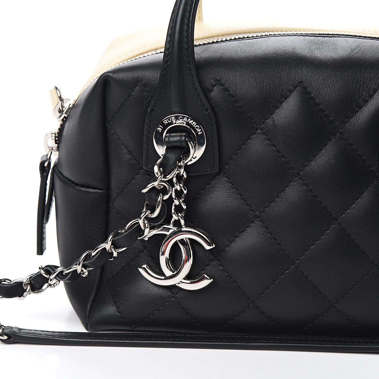 Chanel Calfskin Quilted Feather Weight Bowling Bag Black Ivory 9 of 9
