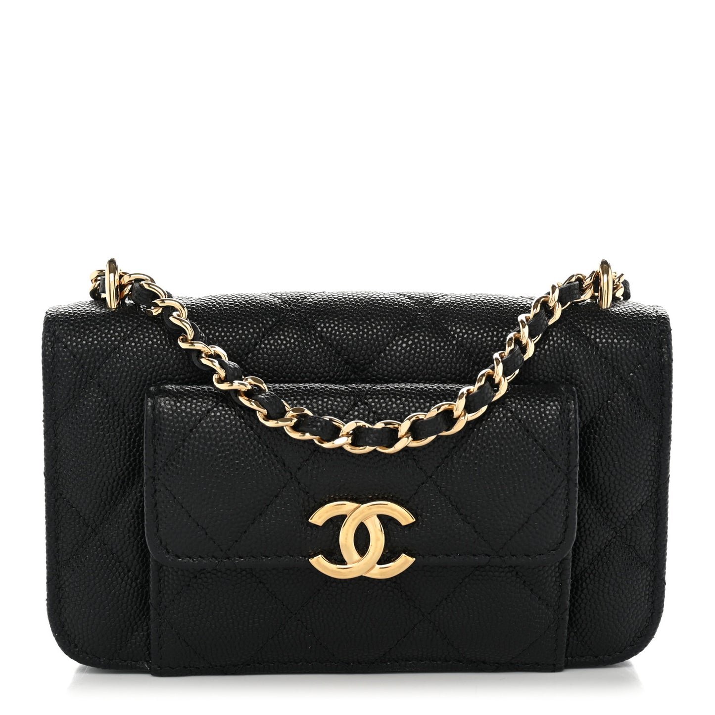Caviar Quilted Pocket Twins Clutch With Chain Black
