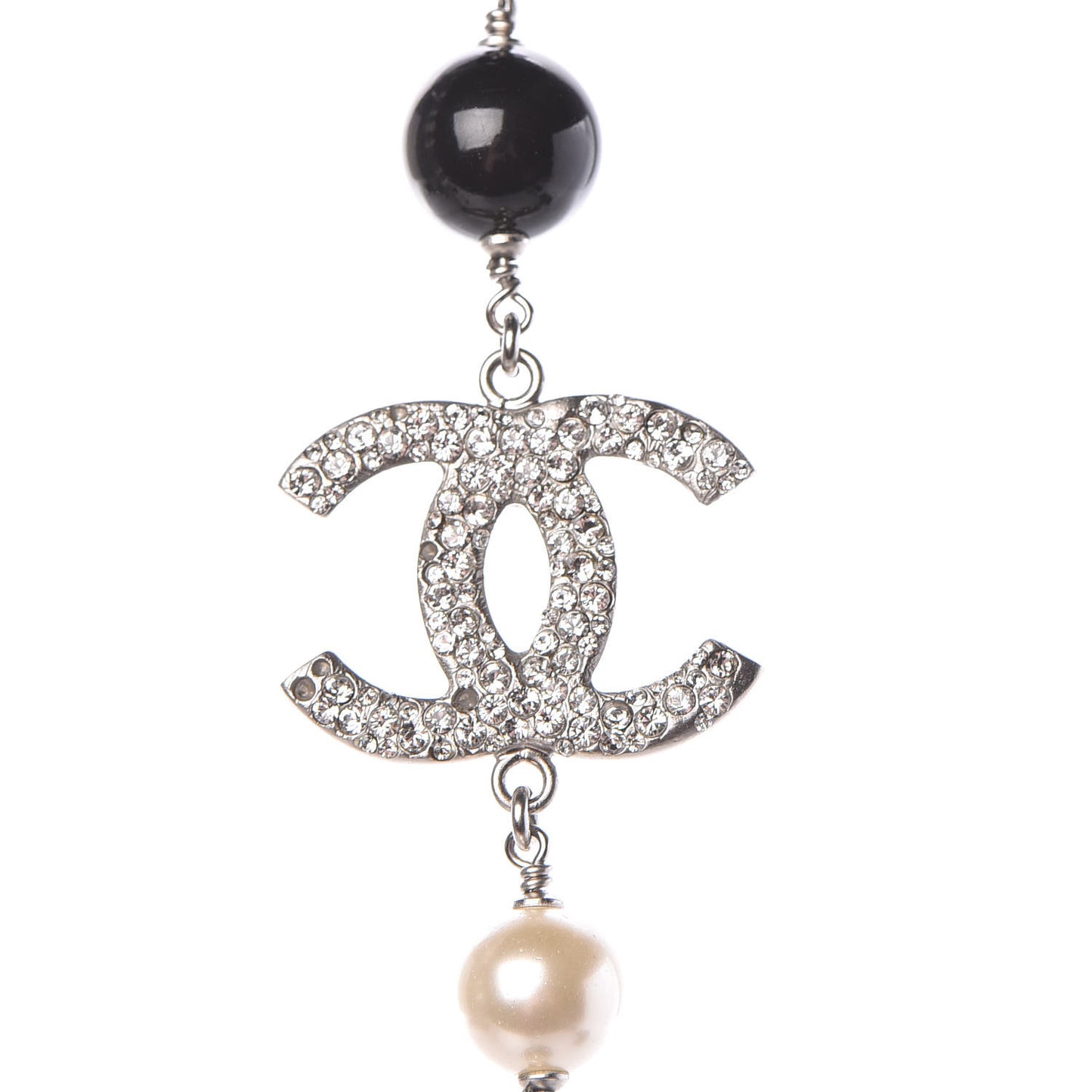 Pearl Crystal Bead CC Long Necklace Silver Black White