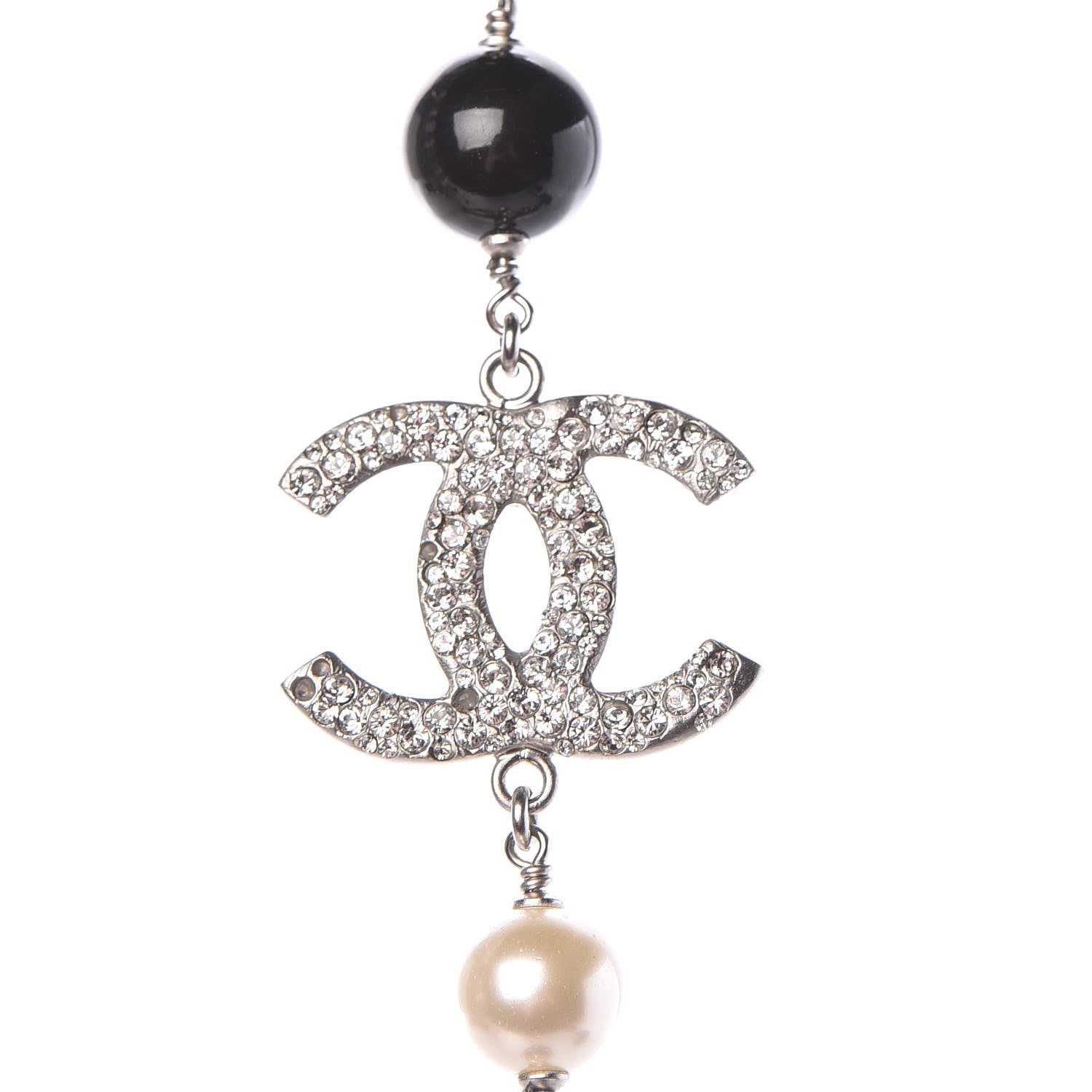 Chanel Pearl Crystal Bead CC Long Necklace Silver Black White 4 of 7