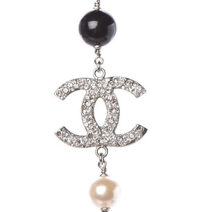 Chanel Pearl Crystal Bead CC Long Necklace Silver Black White 4 of 7