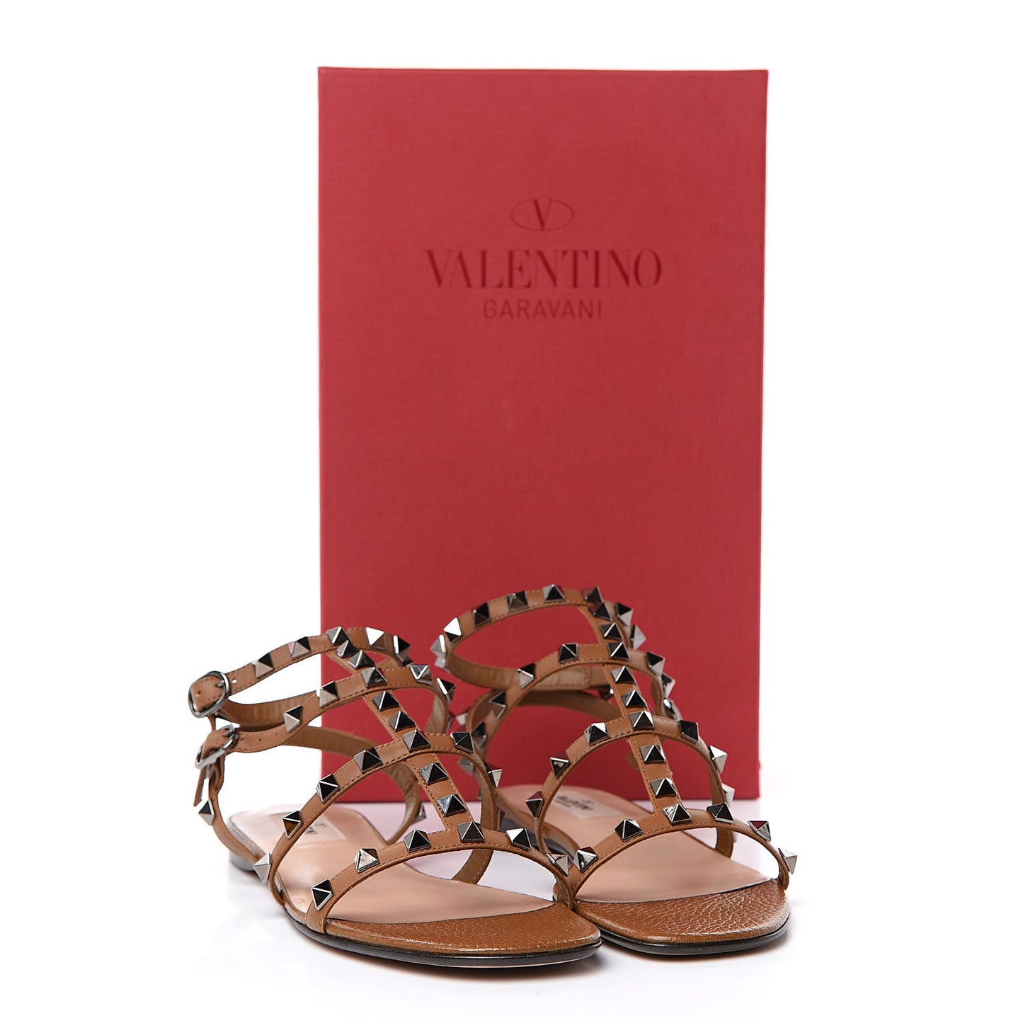 Calfskin Rockstud Gladiator Flat Sandals 36.5 Bright Cognac