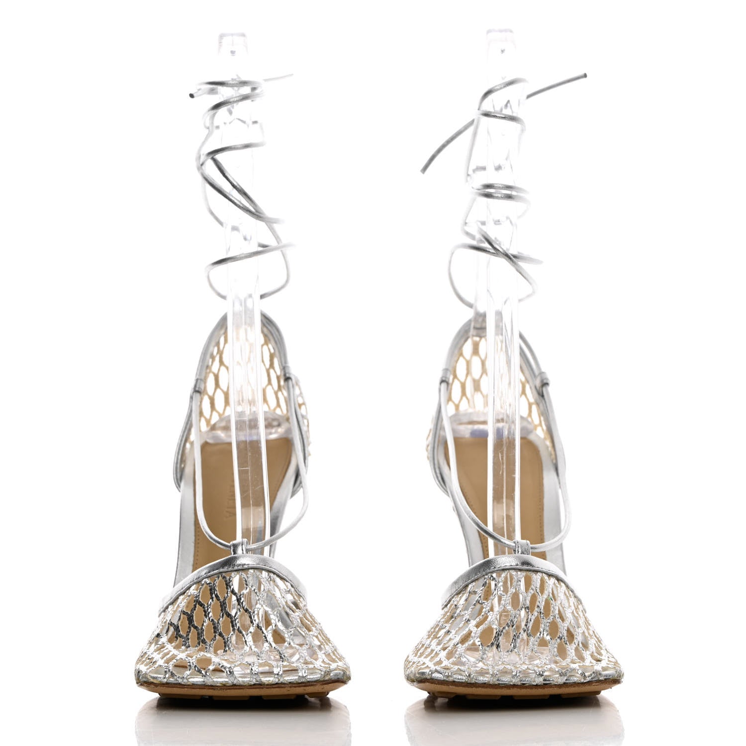 Bottega Veneta Mesh Metallic Nappa Stretch Ankle Tie Sandals 36.5 Silver 2 of 8
