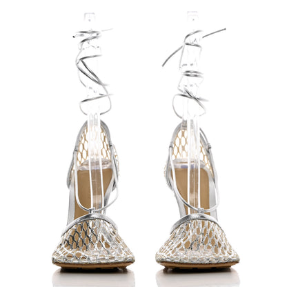 Bottega Veneta Mesh Metallic Nappa Stretch Ankle Tie Sandals 36.5 Silver 2 of 8