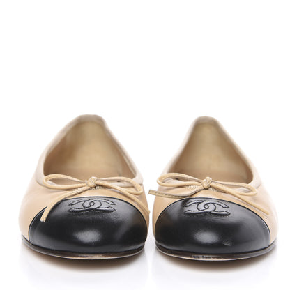 Chanel Lambskin Cap Toe CC Ballerina Flats 36.5 Beige Black 2 of 9