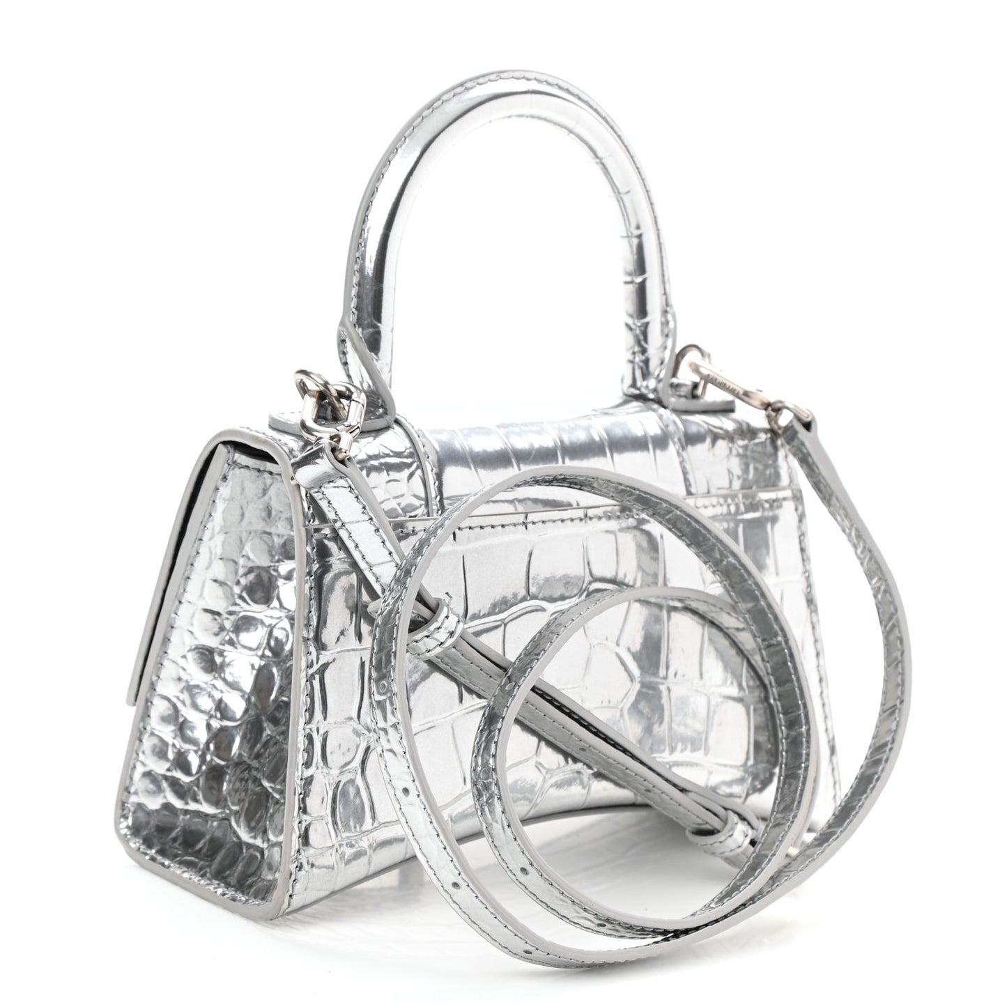 Metallic Calfskin Crocodile Embossed Hourglass Top Handle Bag XS Silver