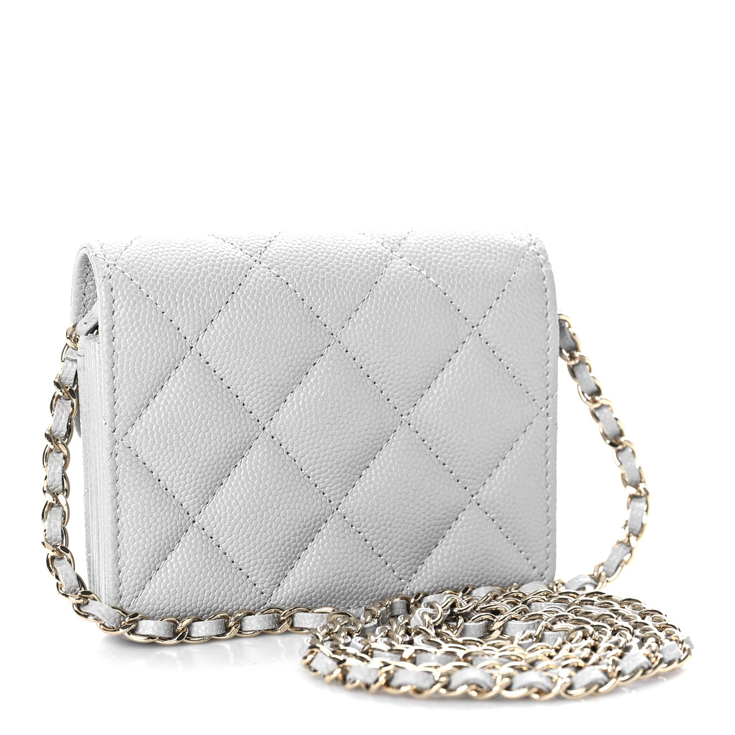 Caviar Quilted Flap Card Holder On Chain Grey