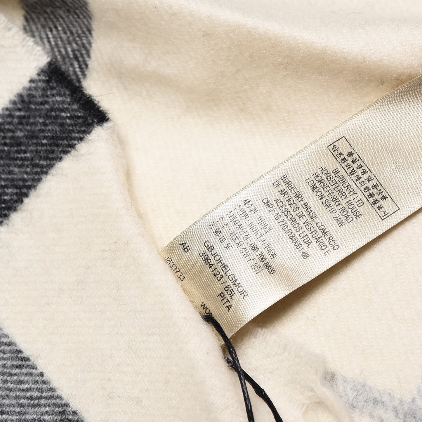 Cashmere Giant Check Fringe Scarf Natural White