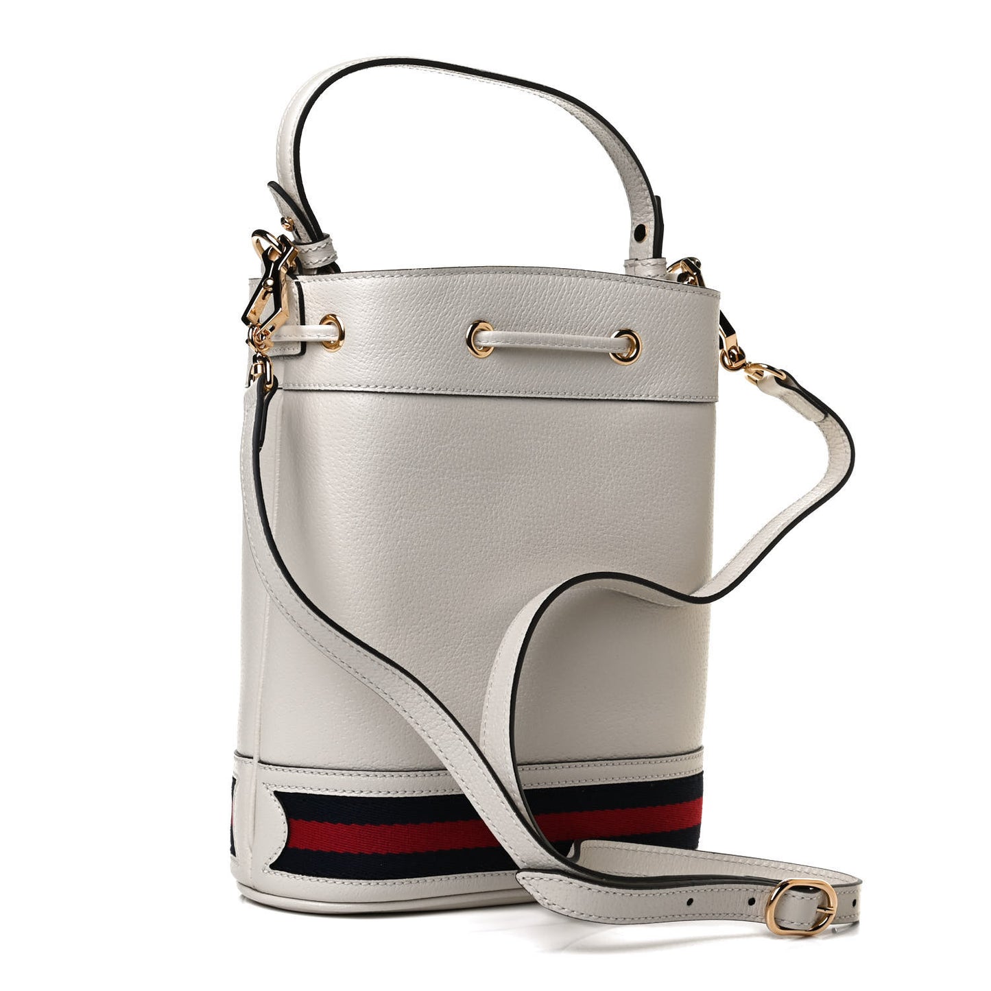 Glazed Textured Calfskin Web Small Ophidia Bucket Bag Mystic White