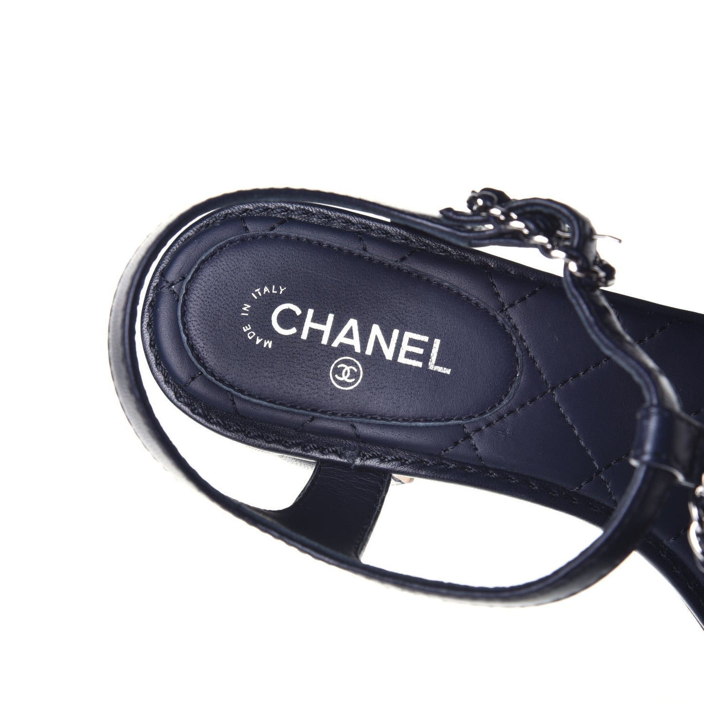 Lambskin Chain CC Logo Thong Sandals 36.5 Navy