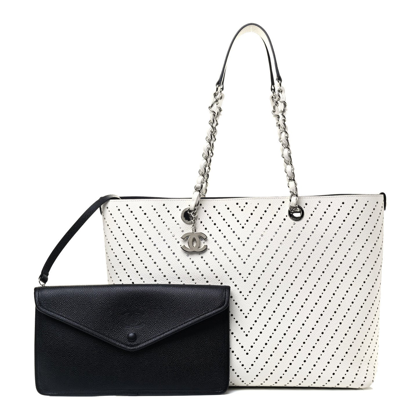 Perforated Grained Calfskin Large Shopping Tote White