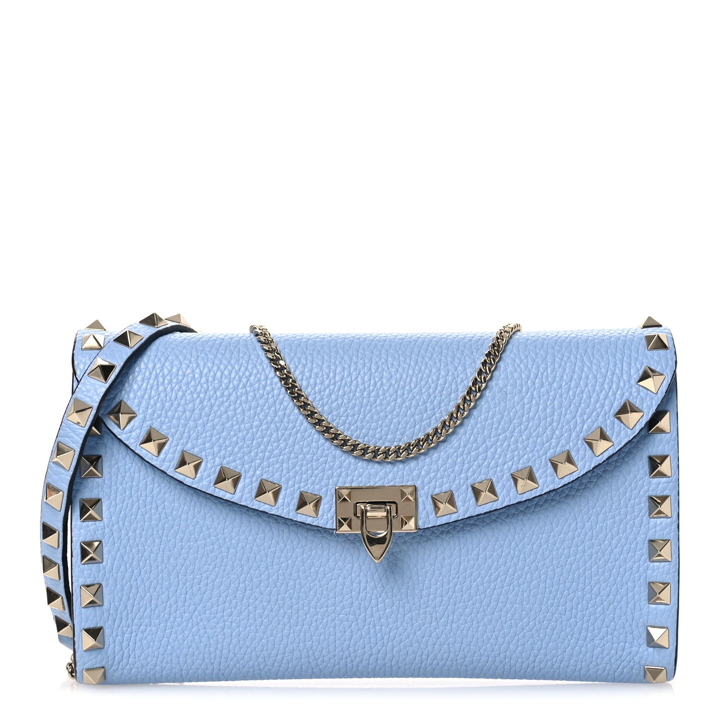 Grainy Calfskin Rockstud Flip Lock Wallet With Chain Popeline Blue