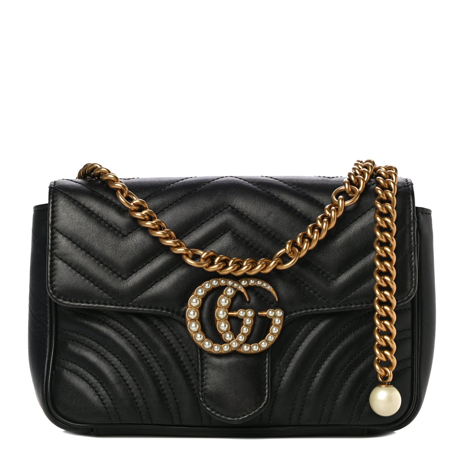 Gucci Calfskin Matelasse Pearly GG Marmont Chain Belt Bag Black 1 of 23