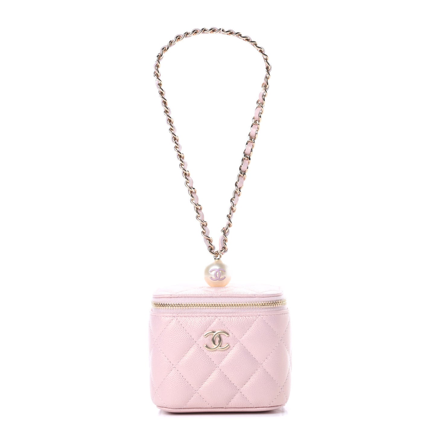 Iridescent Caviar Quilted Mini Pearl On Top Vanity Case With Chain Light Pink