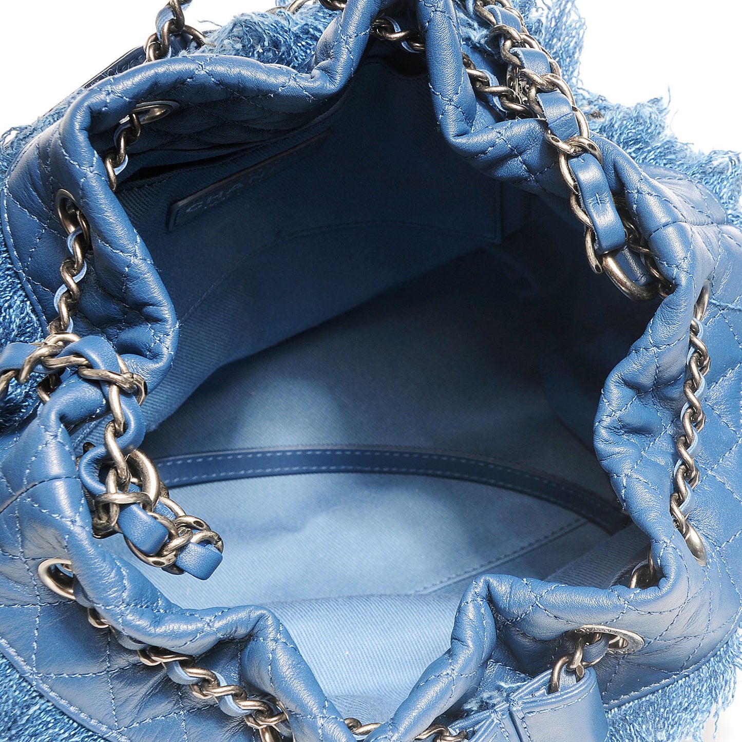 Calfskin Fringe Chains CC Denim Drawstring Bucket Bag Blue