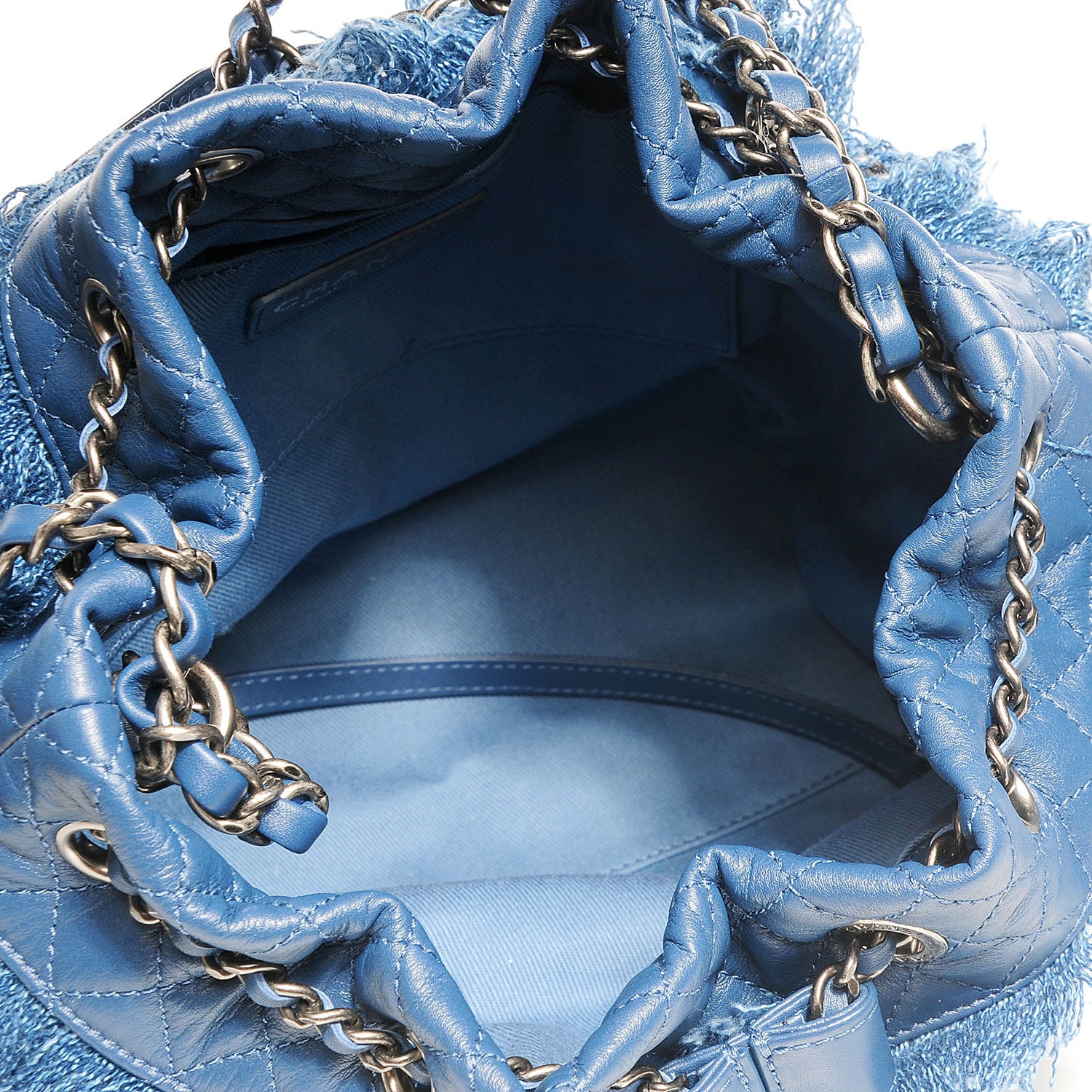 Chanel Calfskin Fringe Chains CC Denim Drawstring Bucket Bag Blue 8 of 8