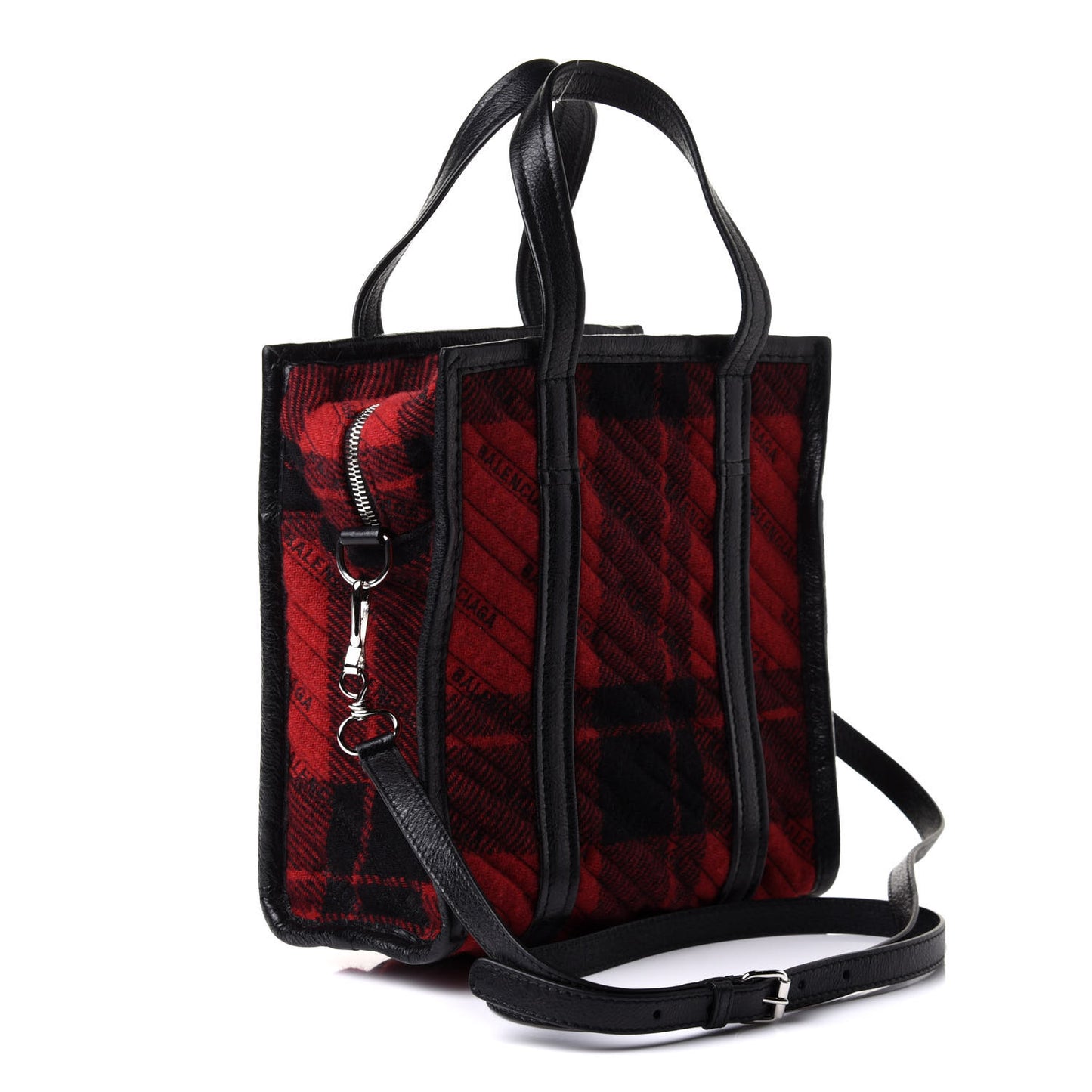 Wool Cuir Arena Plaid Diagonal Allover Logo Matelasse XS Bazar Shopper Tote Red Black