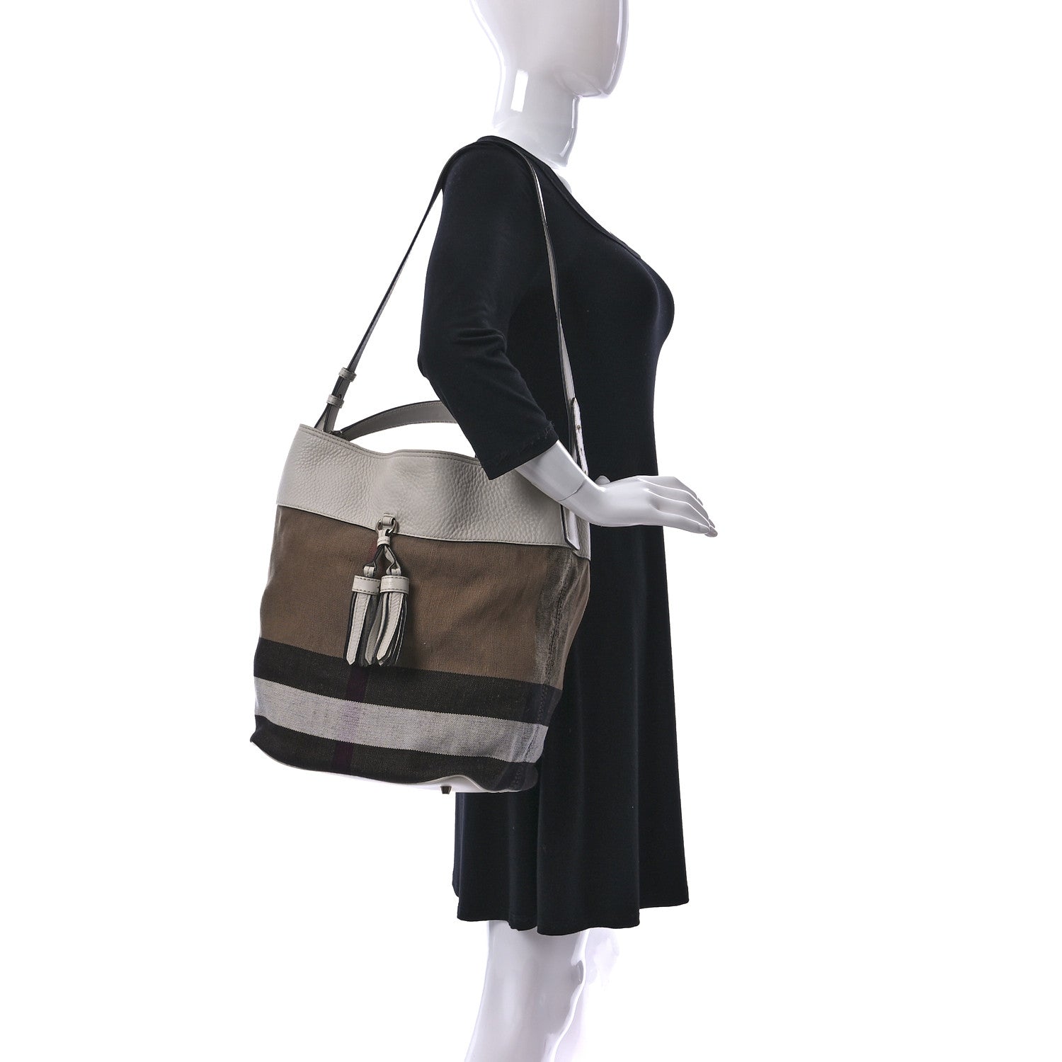 Burberry Grainy Calfskin Canvas Mega Check Medium Ashby Tassel Hobo White 3 of 8