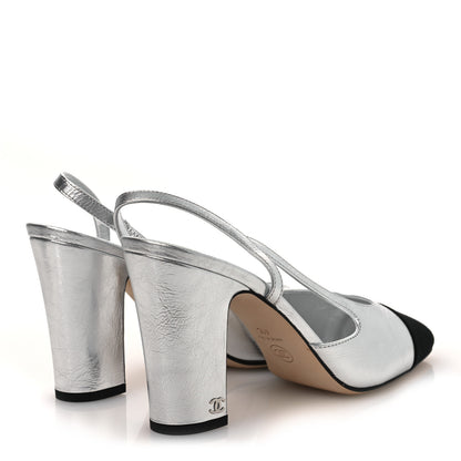 Chanel Laminated Crumpled Lambskin Grosgrain Cap Toe CC Slingback Pumps 41 Silver Black 5 of 11