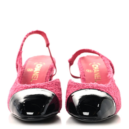 Chanel Tweed Patent Cap Toe CC Slingback Pumps 36.5 Pink Black 3 of 10