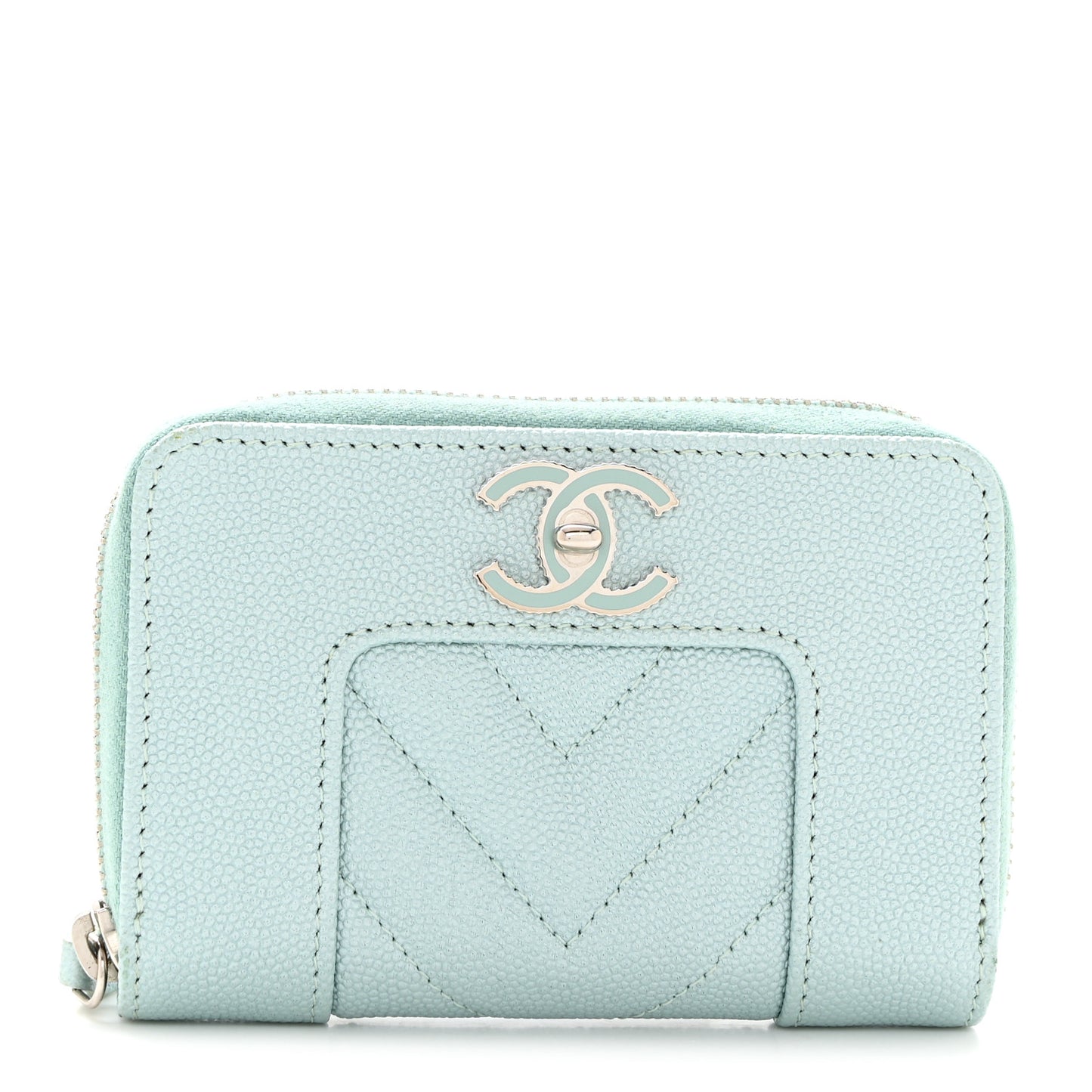 Metallic Caviar Chevron Quilted Vintage Mademoiselle Zip Coin Purse Light Blue