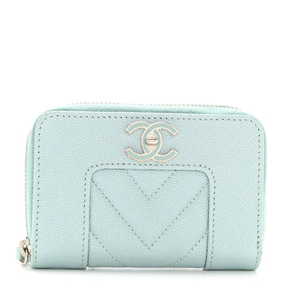 Chanel Metallic Caviar Chevron Quilted Vintage Mademoiselle Zip Coin Purse Light Blue 1 of 7