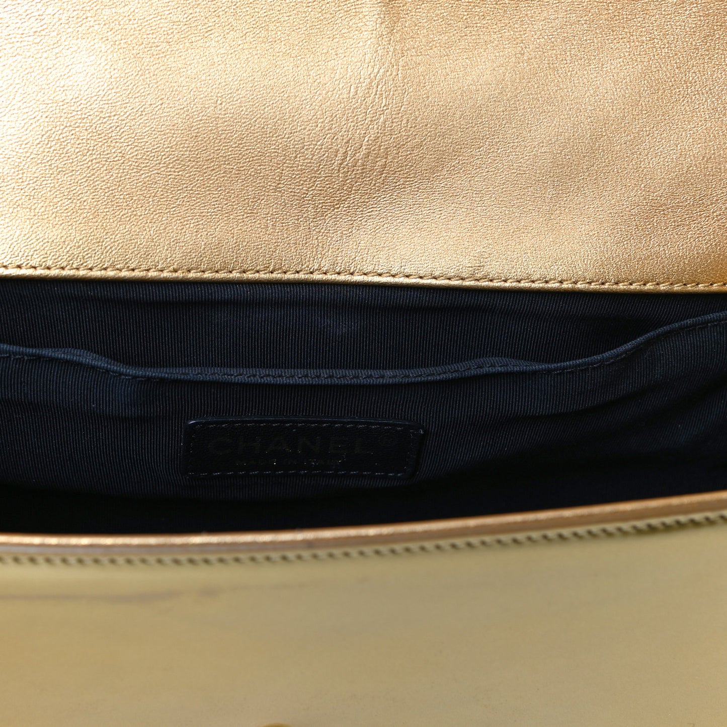 Metallic Patent Calfskin Quilted Medium Boy Flap Gold