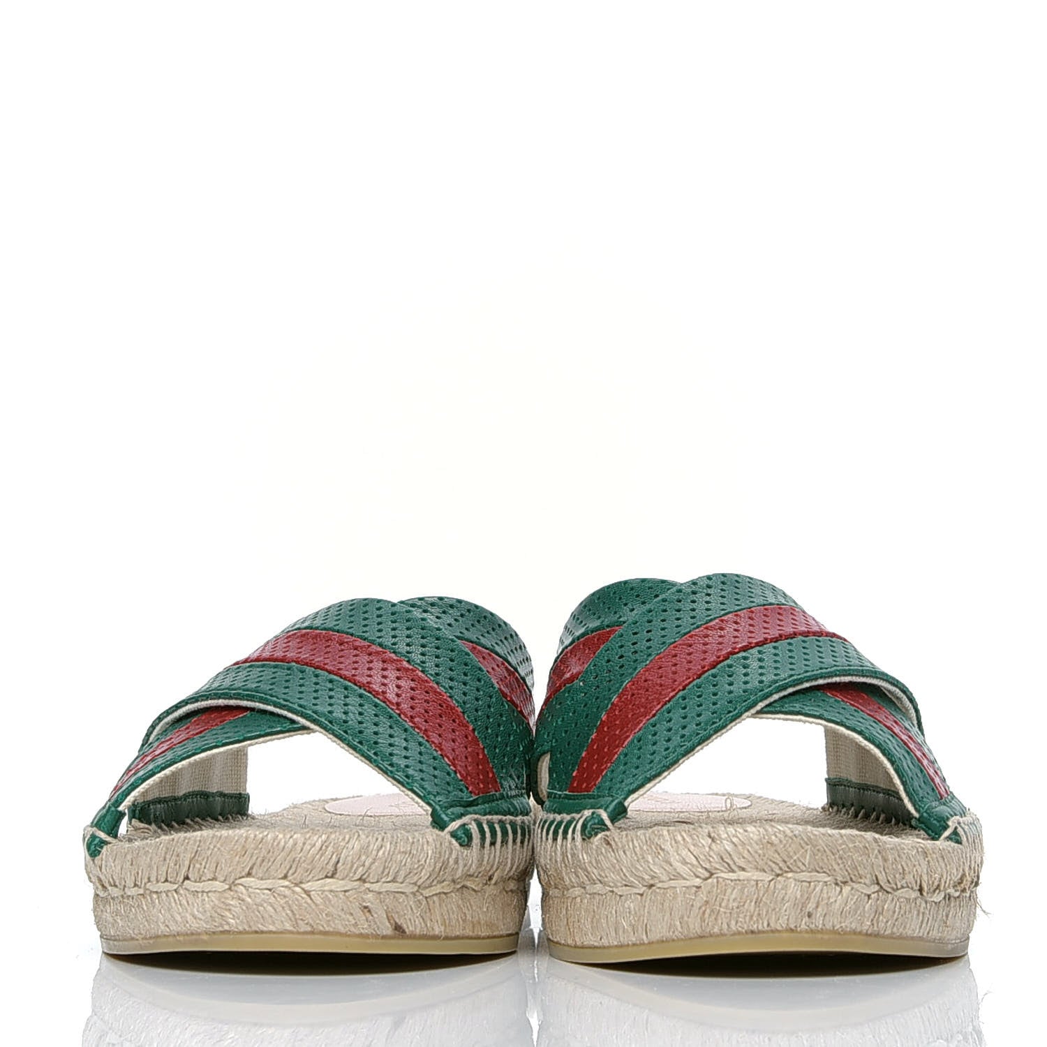Gucci Malaga Kid Perforated Criss Cross Espadrille Slide Sandals 38.5 Emerald Hibiscus Red 2 of 5