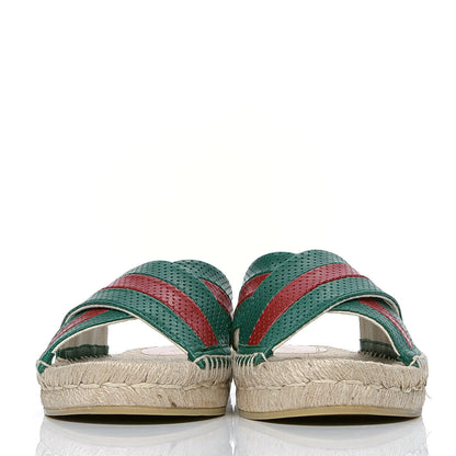 Gucci Malaga Kid Perforated Criss Cross Espadrille Slide Sandals 38.5 Emerald Hibiscus Red 2 of 5