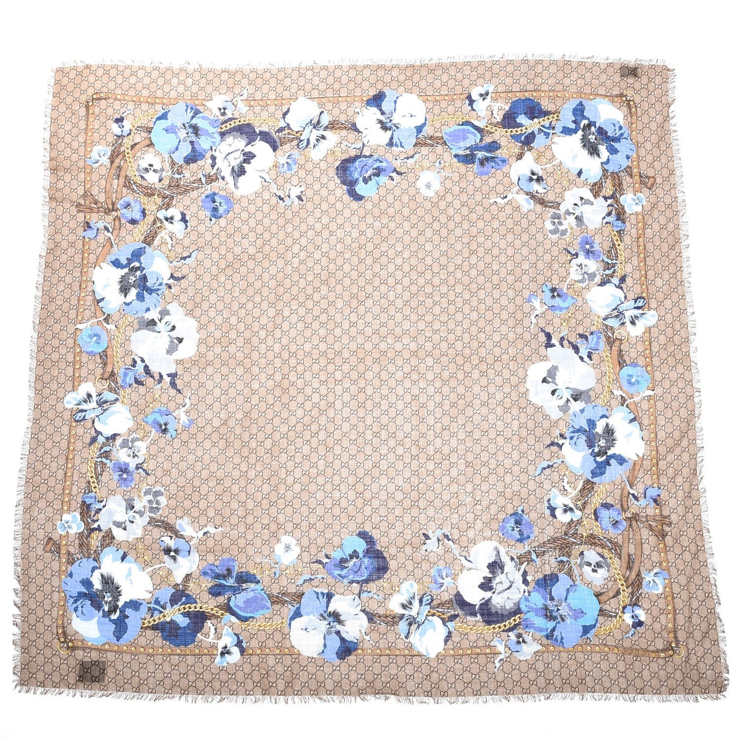 Wool Jacquard GG Monogram Big Panshie Fringe Shawl Sapphire Beige