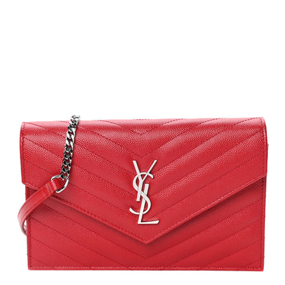 Saint Laurent Grain De Poudre Matelasse Chevron Monogram Envelope Chain Wallet New Red 1 of 5